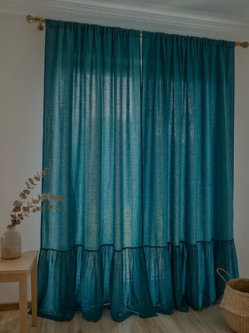 Leinen-Gardinen mit Rüschensaum, 140 cm breit