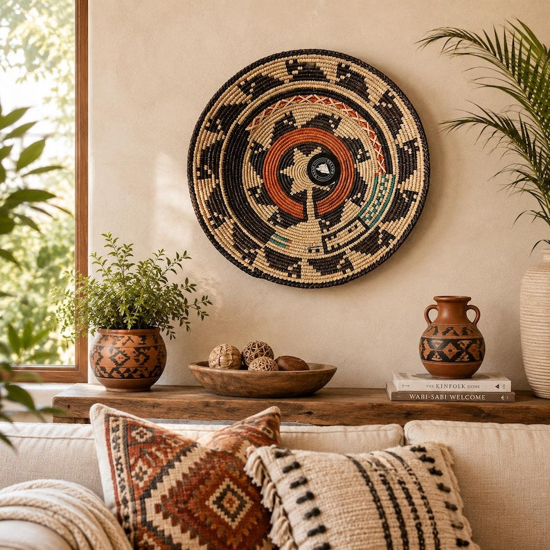 Handgewebter Wandkorb im Boho-Stil, schwarzrostfarben, geometrisches Spiralmuster