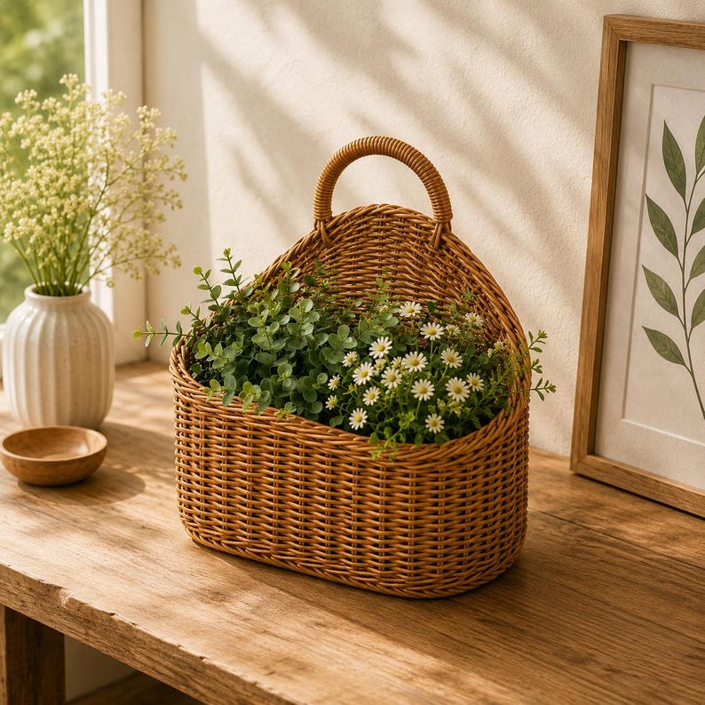 Geflochtener Wandkorb aus Rattan im Boho-Landhausstil, faltbar, für Blumen und Aufbewahrung