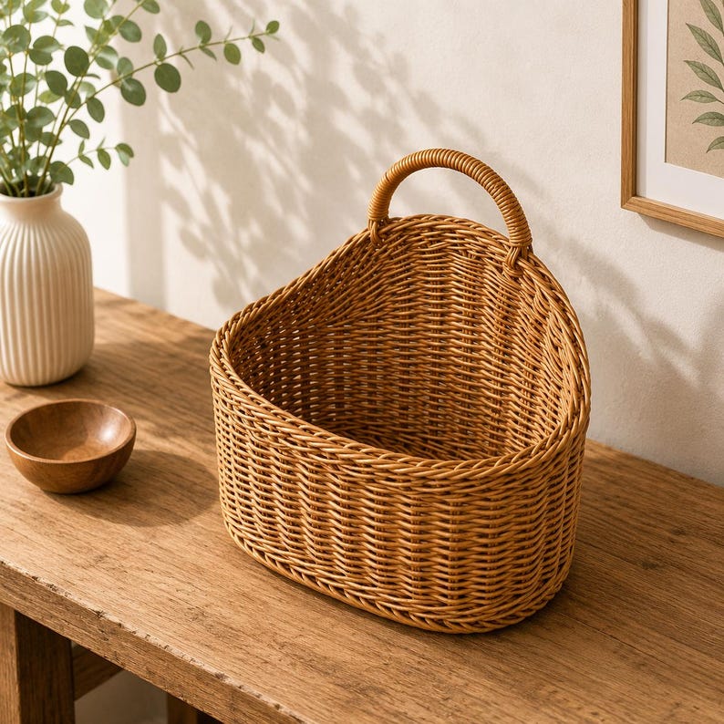 Geflochtener Wandkorb aus Rattan im Boho-Landhausstil, faltbar, für Blumen und Aufbewahrung