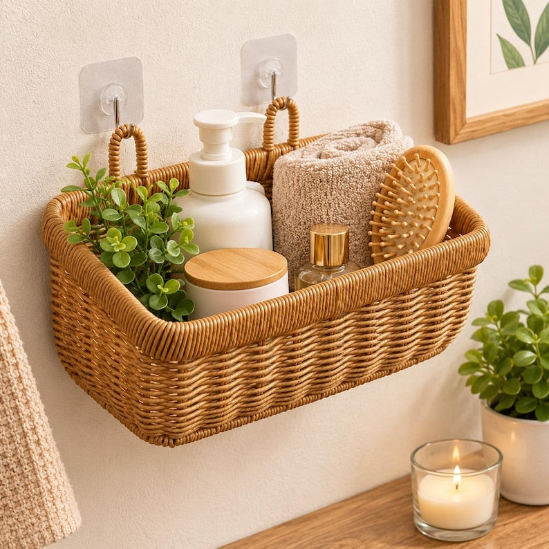 Wandkorb aus geflochtenem Rattan mit Griffen, ca. 28 × 13 × 16 cm, Naturbraun