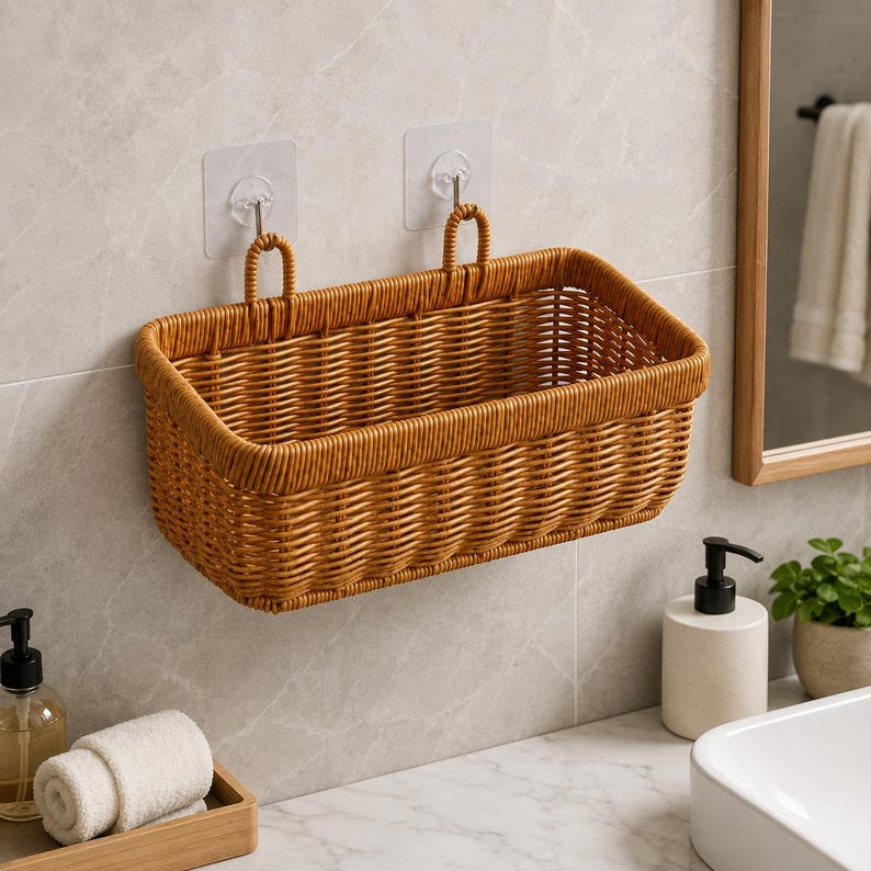 Wandkorb aus geflochtenem Rattan mit Griffen, ca. 28 × 13 × 16 cm, Naturbraun