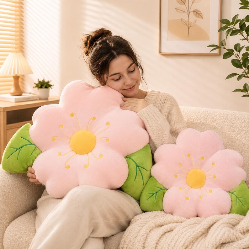 Plüschkissen mit Kirschblütenmotiv in Blütenform, zartrosa Sakura-Deko