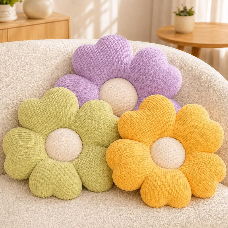 Gänseblümchen-Kissen mit gerippter Plüschstruktur, blütenförmiges Dekokissen, ca. 50 cm