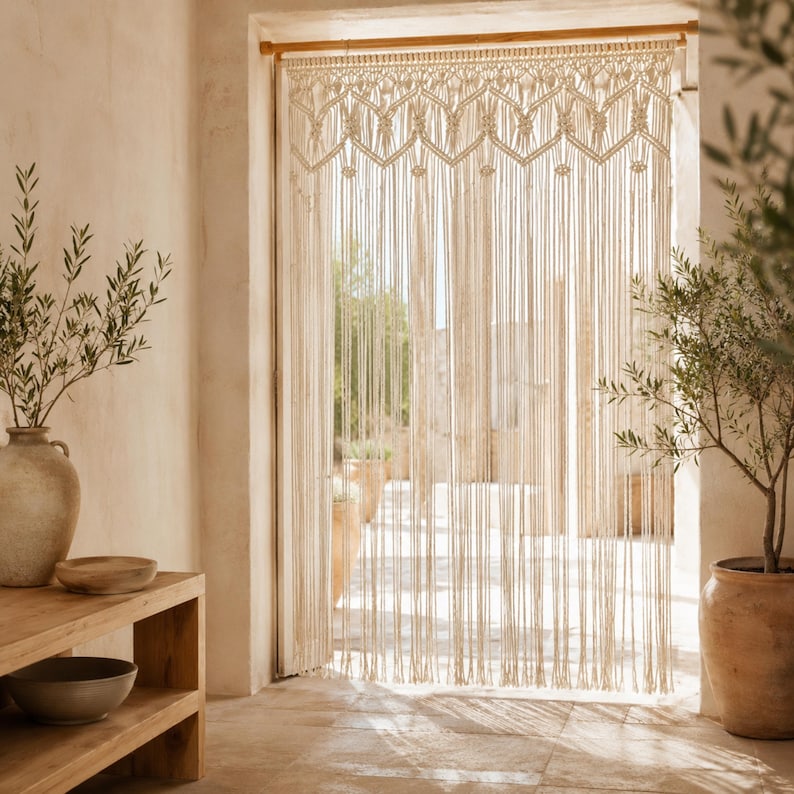 Makramee-Vorhang aus Baumwolle, elfenbeinfarbener Boho-Fenstervorhang und Raumteiler