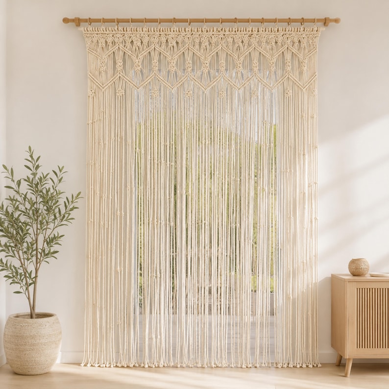 Makramee-Vorhang aus Baumwolle, elfenbeinfarbener Boho-Fenstervorhang und Raumteiler