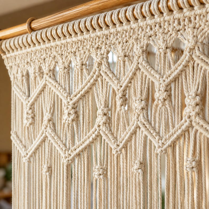 Makramee-Vorhang aus Baumwolle, elfenbeinfarbener Boho-Fenstervorhang und Raumteiler