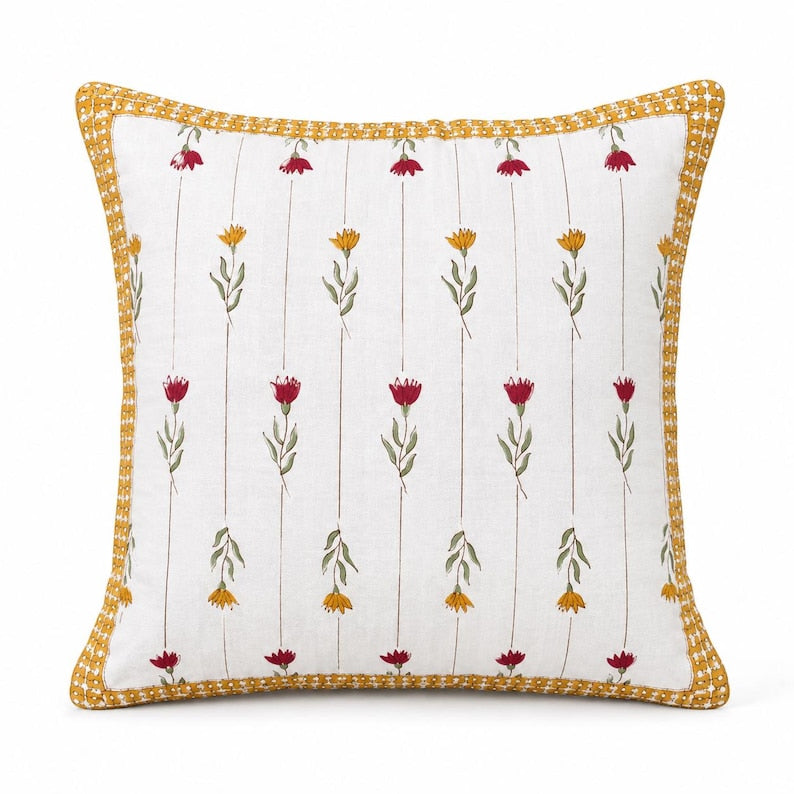Kissenbezug aus Baumwolle mit Blumenmuster, 40 × 40 cm, senfgelber Blockdruck