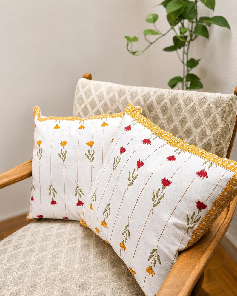 Kissenbezug aus Baumwolle mit Blumenmuster, 40 × 40 cm, senfgelber Blockdruck