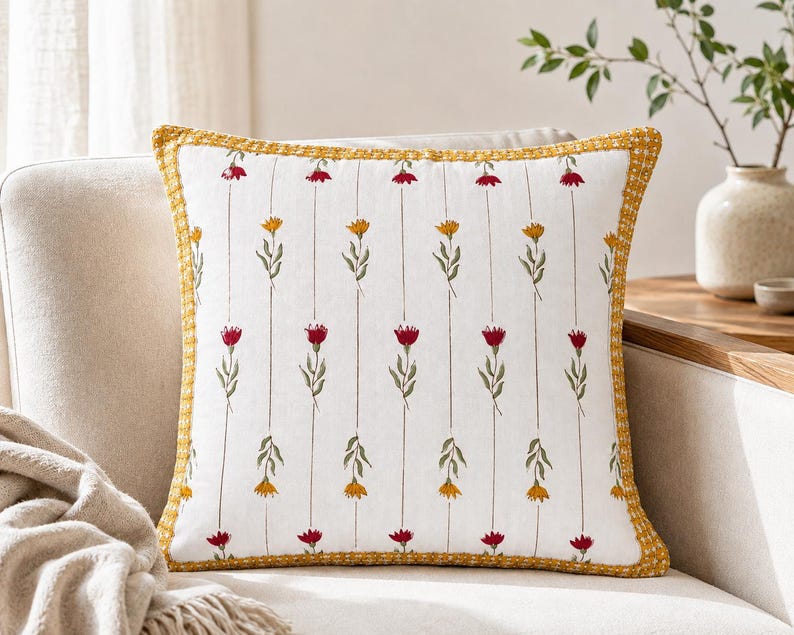 Kissenbezug aus Baumwolle mit Blumenmuster, 40 × 40 cm, senfgelber Blockdruck
