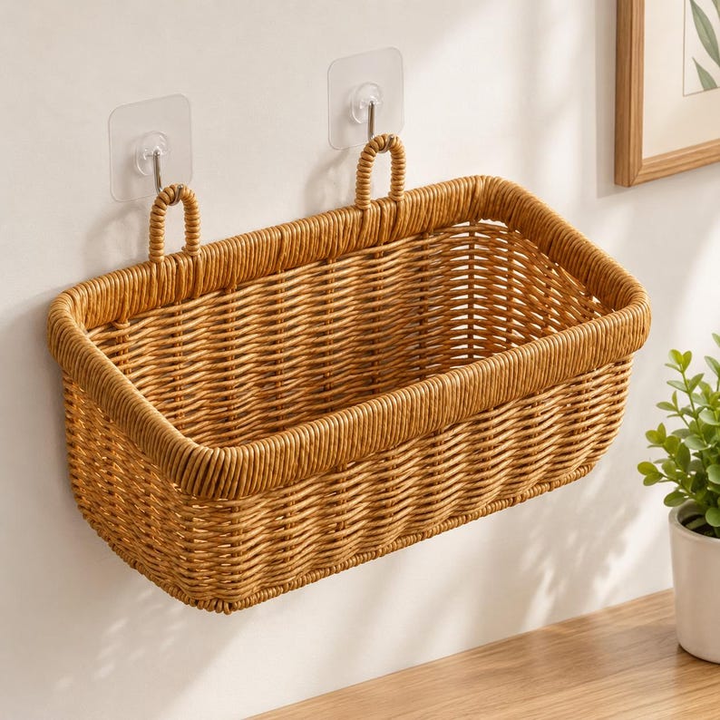 Wandkorb aus geflochtenem Rattan mit Griffen, ca. 28 × 13 × 16 cm, Naturbraun
