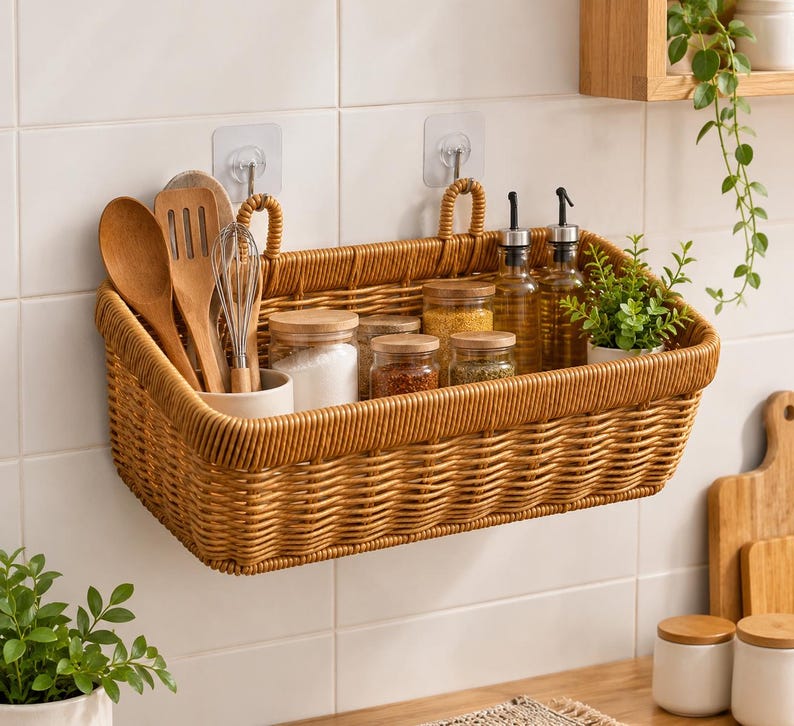 Wandkorb aus geflochtenem Rattan mit Griffen, ca. 28 × 13 × 16 cm, Naturbraun