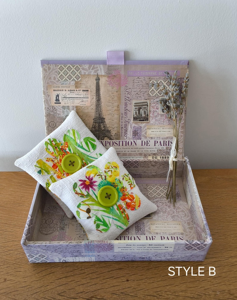 2er-Set Lavendelsäckchen aus Vintage-Leinen und Stoff mit Applikationsblume und Knopf, 9 x 9 cm