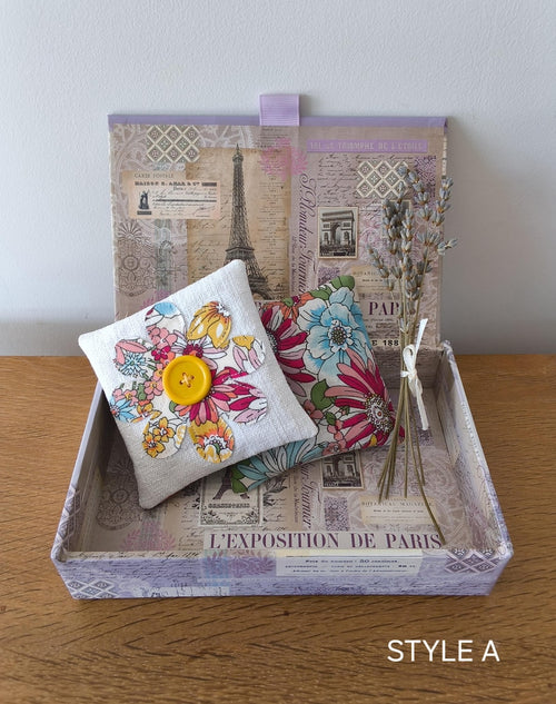 2er-Set Lavendelsäckchen aus Vintage-Leinen und Stoff mit Applikationsblume und Knopf, 9 x 9 cm