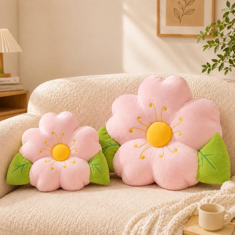 Plüschkissen mit Kirschblütenmotiv in Blütenform, zartrosa Sakura-Deko
