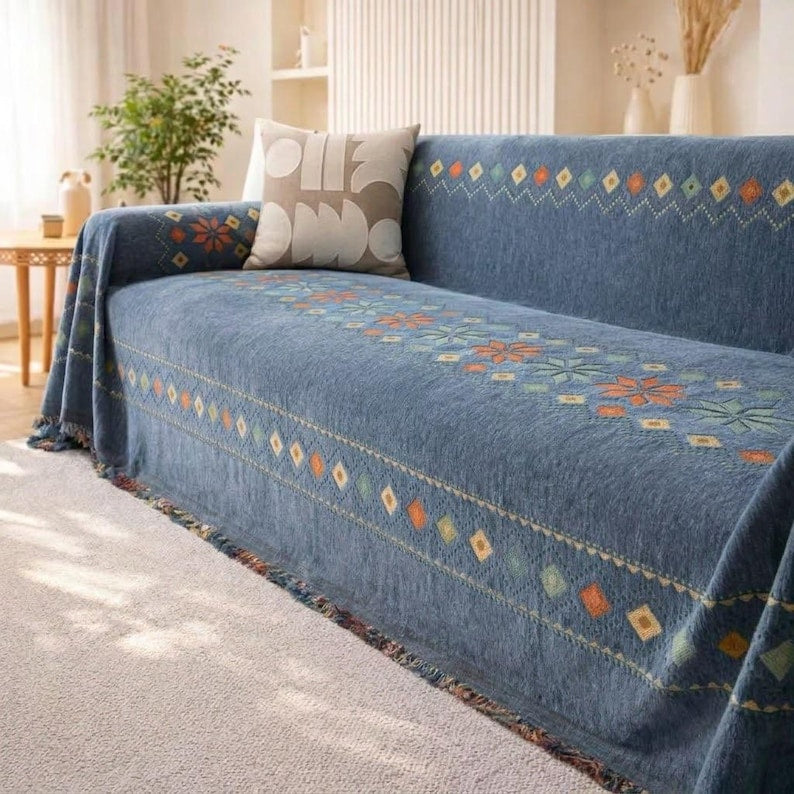Boho Chenille Sofabezug, anti-rutsch und katzenkratzfest, Couchüberwurf