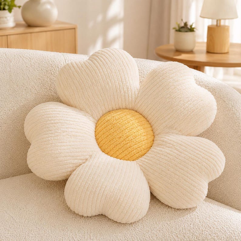 Gänseblümchen-Kissen mit gerippter Plüschstruktur, blütenförmiges Dekokissen, ca. 50 cm