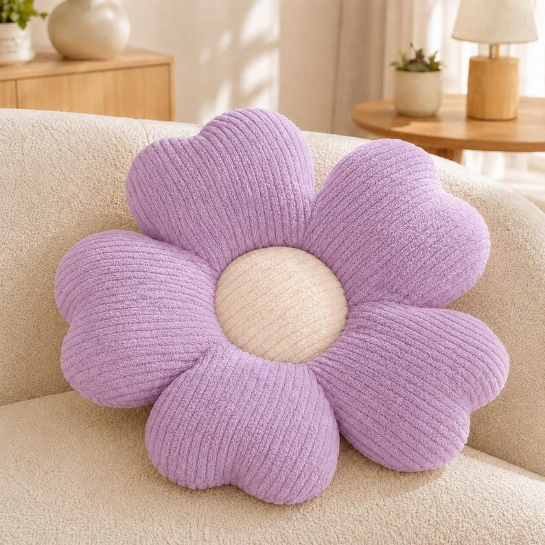 Gänseblümchen-Kissen mit gerippter Plüschstruktur, blütenförmiges Dekokissen, ca. 50 cm
