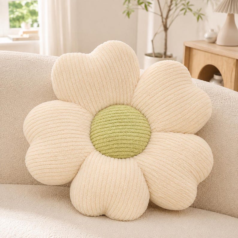 Gänseblümchen-Kissen mit gerippter Plüschstruktur, blütenförmiges Dekokissen, ca. 50 cm
