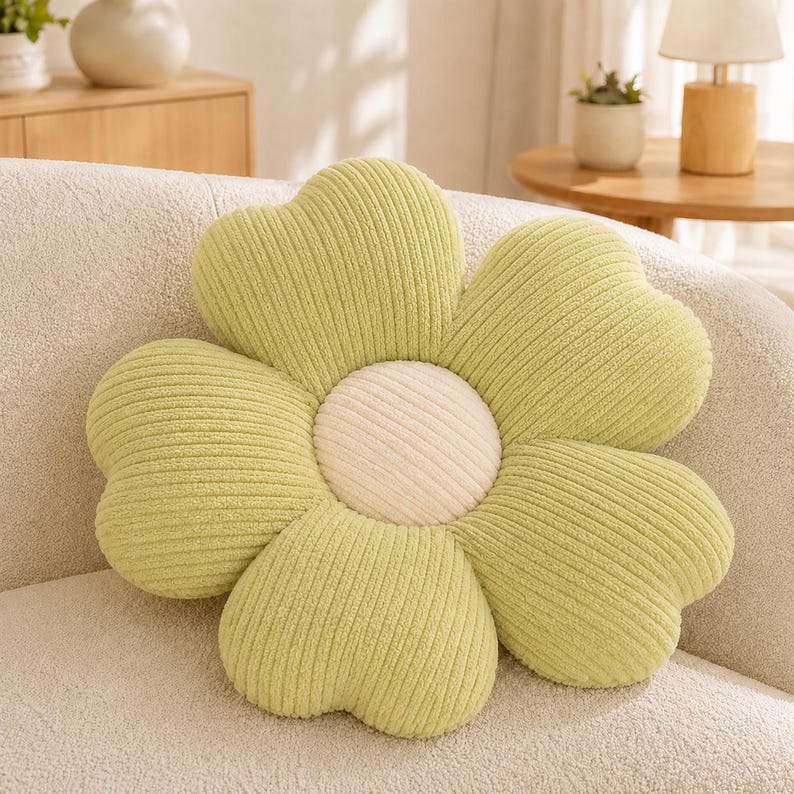 Gänseblümchen-Kissen mit gerippter Plüschstruktur, blütenförmiges Dekokissen, ca. 50 cm