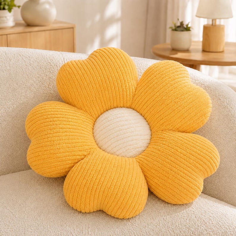 Gänseblümchen-Kissen mit gerippter Plüschstruktur, blütenförmiges Dekokissen, ca. 50 cm
