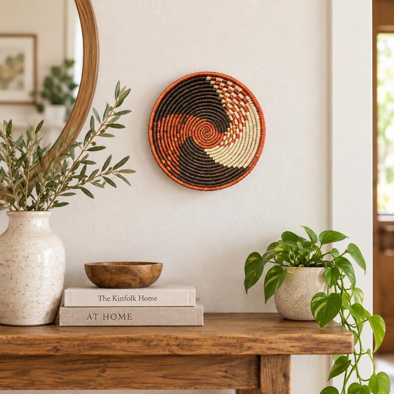 Handgewebter Wandkorb 20 cm, Boho-Wanddekoration in Terrakotta, Rostrot und Naturcreme