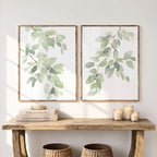 Botanische Aquarelldrucke im Set mit 2 minimalistischen Blättern in Salbeigrün, Fine Art Paper