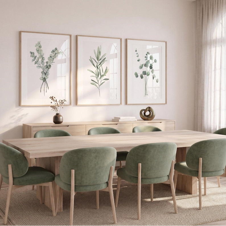 Minimalistische Wanddekoration, 3er-Set Kunstdrucke mit Eukalyptus und Olivenzweigen in Hellgrün
